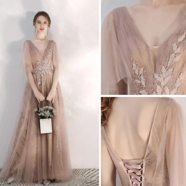 Chic / Beautiful Champagne Evening Dresses  2020 A-Line / Princess V-Neck Glitter Beading Lace Flower Rhinestone Sequins 1/2 Sleeves Backless Floor-Length / Long Formal Dresses