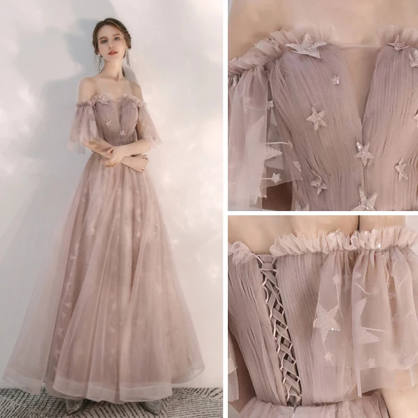 Classy Nude Prom Dresses 2020 A-Line / Princess Ruffle Off-The-Shoulder Star Lace Short Sleeve Backless Floor-Length / Long Formal Dresses
