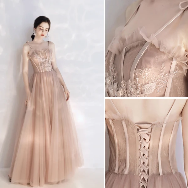 Classy Champagne Prom Dresses 2020 A-Line / Princess Spaghetti Straps Beading Pearl Lace Flower Sleeveless Backless Floor-Length / Long Formal Dresses