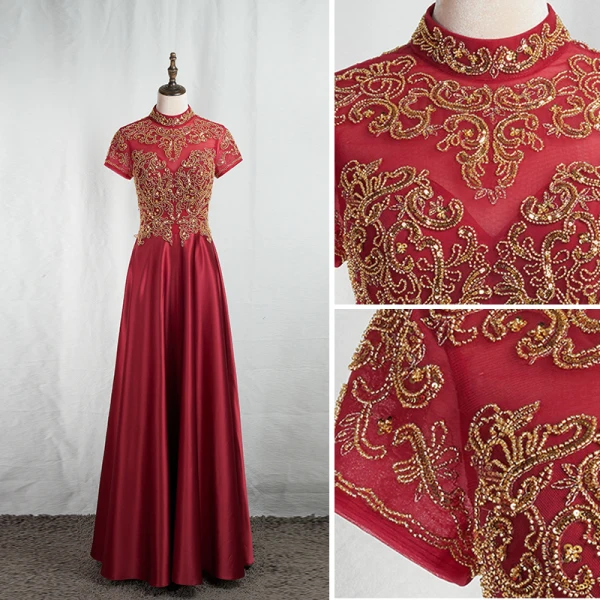 Vintage / Originale Style Chinois Doré En Dentelle Bordeaux Robe De Soirée 2020 Princesse Col Haut Perlage Paillettes Manches Courtes Dos Nu Longue Robe De Ceremonie
