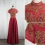 Vintage / Originale Style Chinois Doré En Dentelle Bordeaux Robe De Soirée 2020 Princesse Col Haut Perlage Paillettes Manches Courtes Dos Nu Longue Robe De Ceremonie