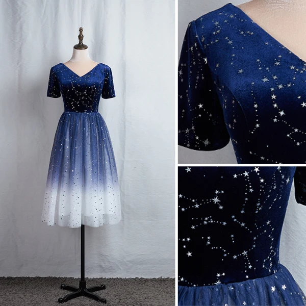 Fashion Navy Blue Homecoming Graduation Dresses 2020 A-Line / Princess V-Neck Star Sequins Short Sleeve Backless Knee-Length Formal Dresses