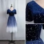 Fashion Navy Blue Homecoming Graduation Dresses 2020 A-Line / Princess V-Neck Star Sequins Short Sleeve Backless Knee-Length Formal Dresses