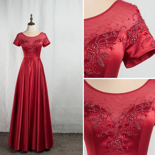 Elegant Burgundy Prom Dresses 2020 A-Line / Princess Scoop Neck Beading Crystal Short Sleeve Backless Floor-Length / Long Formal Dresses