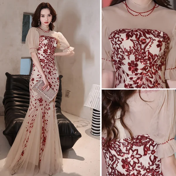 Charming Champagne Sequins Evening Dresses  2021 Trumpet / Mermaid High Neck Short Sleeve Floor-Length / Long Evening Party Formal Dresses