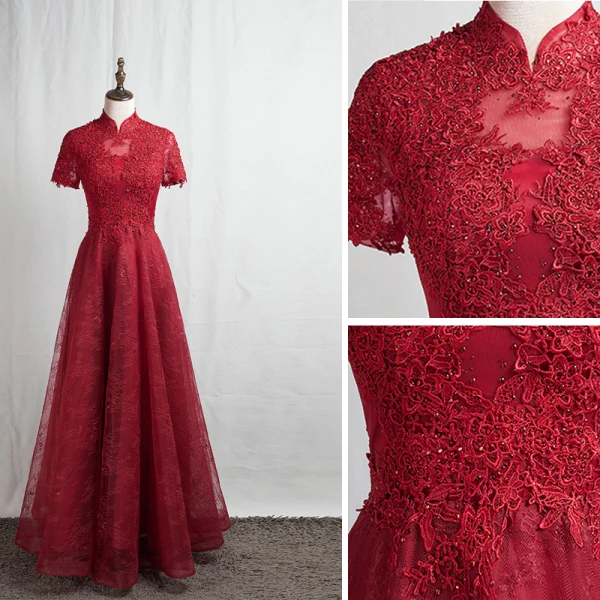 Kinesisk Stil Burgundy Aftonklänningar 2020 Prinsessa Hög Hals Beading Rhinestone Spets Blomma Korta ärm Halterneck Långa Formella Klänningar