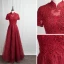 Kinesisk Stil Burgundy Aftonklänningar 2020 Prinsessa Hög Hals Beading Rhinestone Spets Blomma Korta ärm Halterneck Långa Formella Klänningar