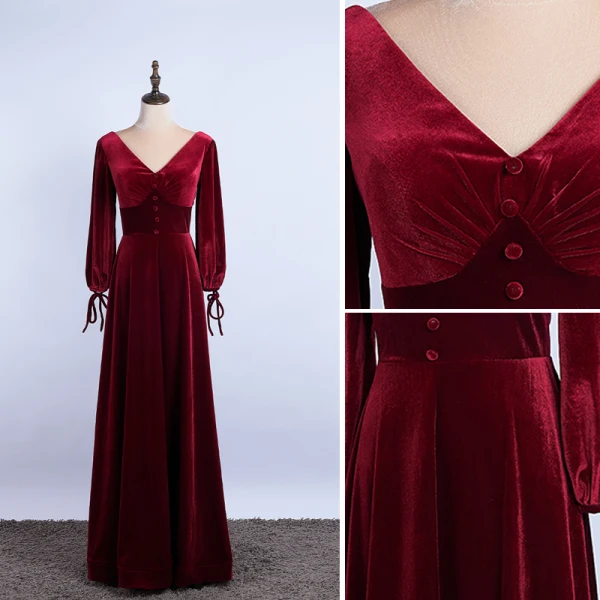 Elegant Burgundy Prom Dresses 2020 A-Line / Princess Suede V-Neck Long Sleeve Backless Floor-Length / Long Formal Dresses
