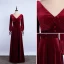 Elegant Burgundy Prom Dresses 2020 A-Line / Princess Suede V-Neck Long Sleeve Backless Floor-Length / Long Formal Dresses