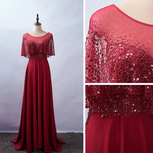 Élégant Bordeaux Robe De Soirée 2020 Princesse Encolure Dégagée Perlage Faux Diamant Paillettes En Dentelle Fleur Manches Courtes Dos Nu Train De Balayage Robe De Ceremonie