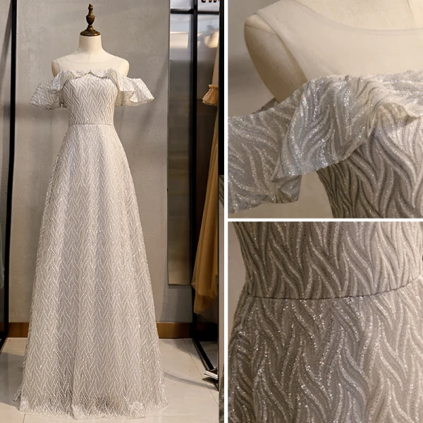Sparkly Silver Grey Glitter Evening Dresses 2020 A-Line / Princess Scoop Neck Sequins Short Sleeve Floor-Length / Long Formal Dresses
