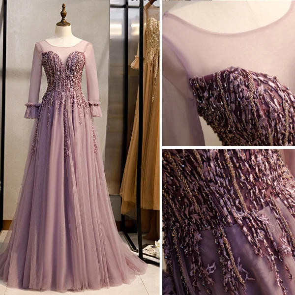 Élégant Lilas Robe De Bal 2020 Princesse Encolure Dégagée Perlage En Dentelle Cristal Manches Longues Dos Nu Train De Balayage Robe De Ceremonie