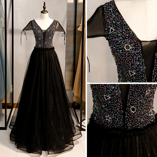 Elegante Schwarz Ballkleider 2020 A Linie V-Ausschnitt Perlenstickerei Ärmel Rückenfreies Lange Festliche Kleider