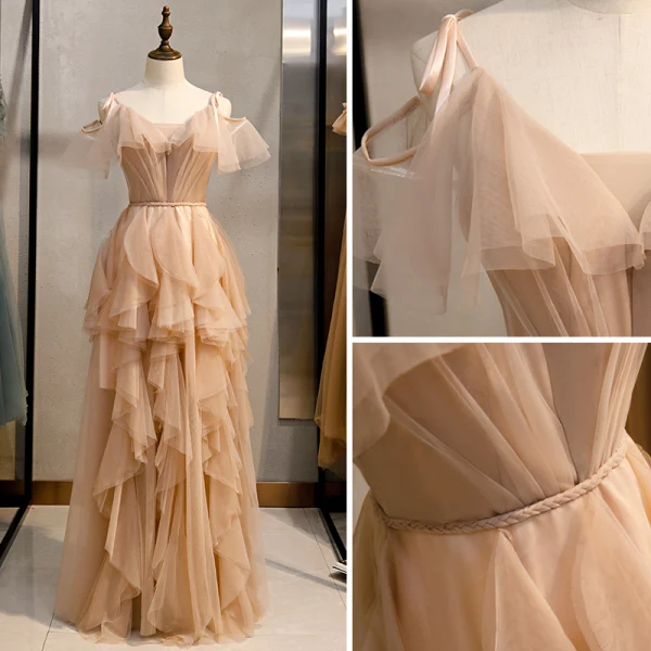 Mode Champagne Robe De Soirée 2020 Princesse Bretelles Spaghetti Sans Manches Dos Nu Volants en Cascade Longue Robe De Ceremonie