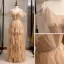 Mode Champagne Robe De Soirée 2020 Princesse Bretelles Spaghetti Sans Manches Dos Nu Volants en Cascade Longue Robe De Ceremonie