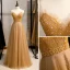 Chic / Beautiful Gold Evening Dresses  2020 A-Line / Princess Spaghetti Straps Beading Pearl Sequins Sleeveless Backless Floor-Length / Long Formal Dresses