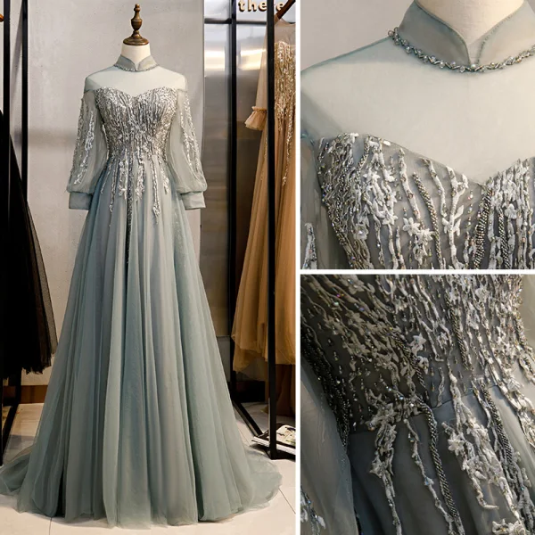 Vintage / Retro Grey Prom Dresses 2020 A-Line / Princess High Neck Beading Rhinestone Lace Flower Long Sleeve Backless Sweep Train Formal Dresses