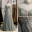 Vintage / Retro Grey Prom Dresses 2020 A-Line / Princess High Neck Beading Rhinestone Lace Flower Long Sleeve Backless Sweep Train Formal Dresses