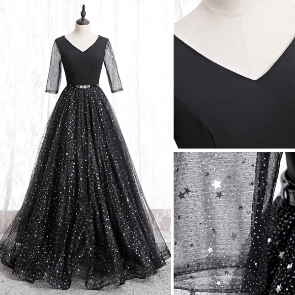 Fashion Black Prom Dresses 2020 A-Line / Princess V-Neck Star Sequins Rhinestone 3/4 Sleeve Backless Floor-Length / Long Formal Dresses