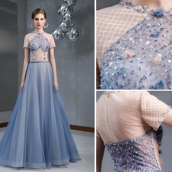 Chic / Belle Bleu Ciel Robe De Soirée 2020 Princesse Encolure Dégagée Perlage Appliques Paillettes Manches Courtes Longue Robe De Ceremonie