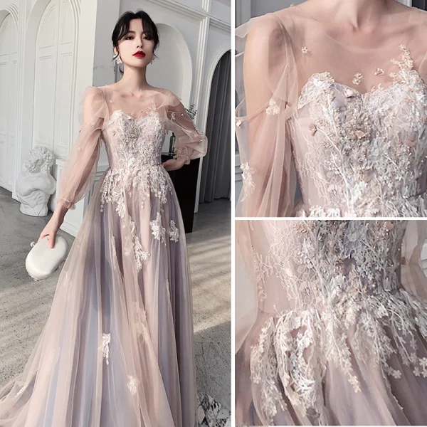 Fashion Blushing Pink Evening Dresses 2020 A-Line / Princess Scoop Neck Beading Lace Flower Long Sleeve Backless Floor-Length / Long Formal Dresses