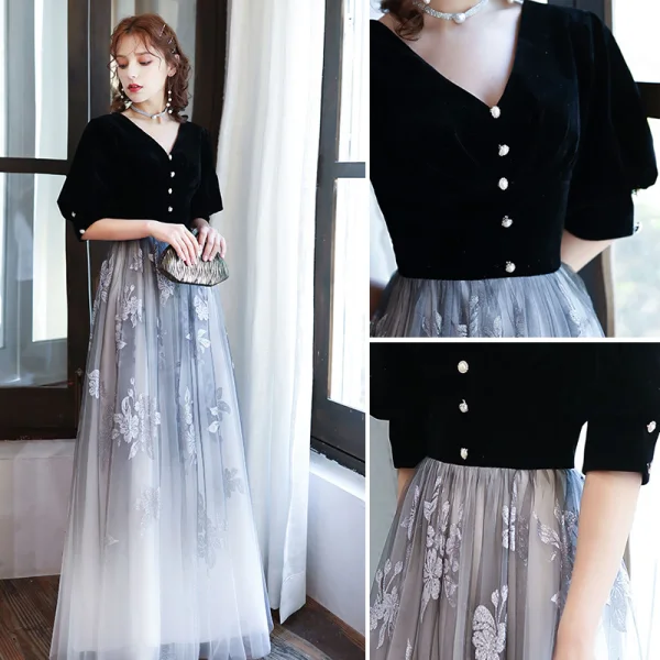 Chic / Beautiful Black Glitter Flower Evening Dresses 2020 A-Line / Princess V-Neck Floor-Length / Long Prom 1/2 Sleeves Backless Suede Formal Dresses