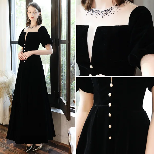 Vintage Svarta Hemkomst Studentklänningar 2020 Prinsessa Mocka Urringning Rhinestone Korta ärm Halterneck Långa Formella Klänningar