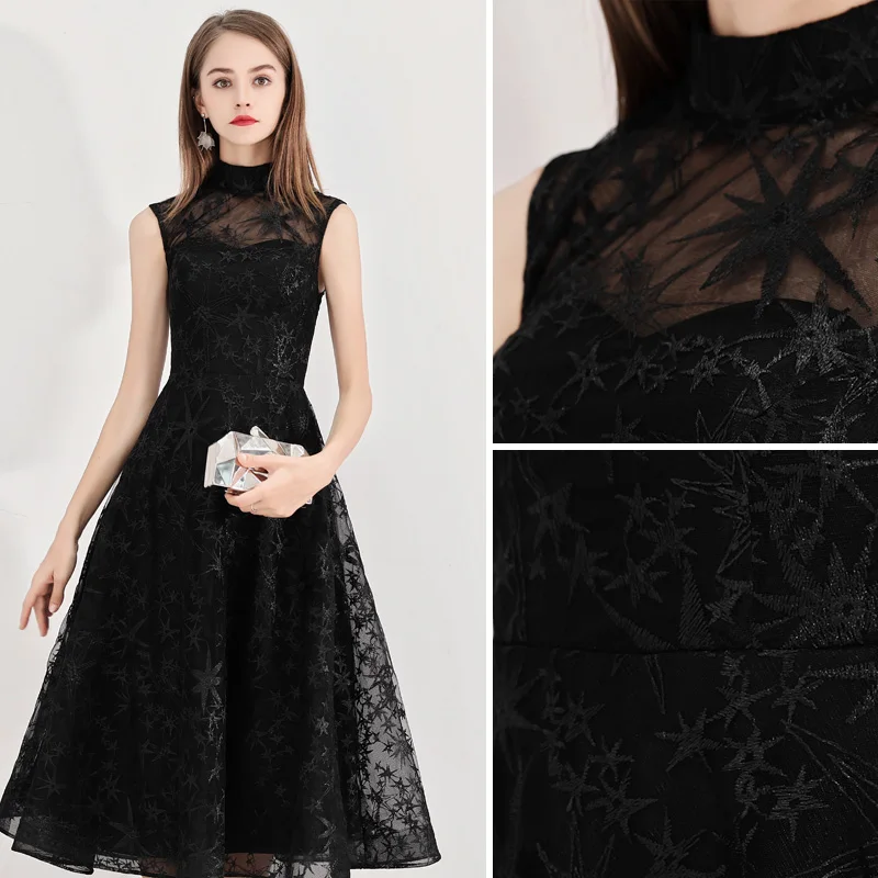 Modest Simple Homecoming Little Black Dress 2020 A-Line Princess High Neck Star Lace