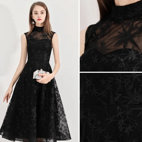 Modest / Simple Homecoming Little Black Dress 2020 A-Line / Princess High Neck Star Lace Sleeveless Knee-Length Graduation Dresses
