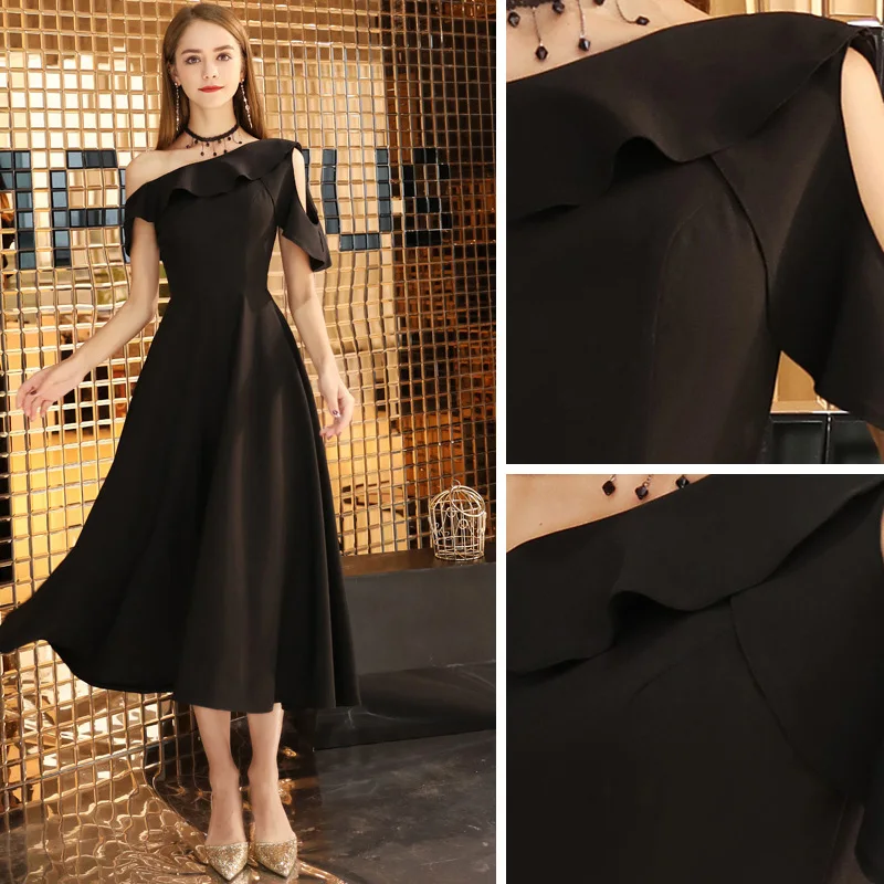 Modest Simple Solid Color Black Homecoming Little Black Dress 2020 A Line  Princess One Shoulder Short Sleeve Backless Tea Length Graduation Dresses