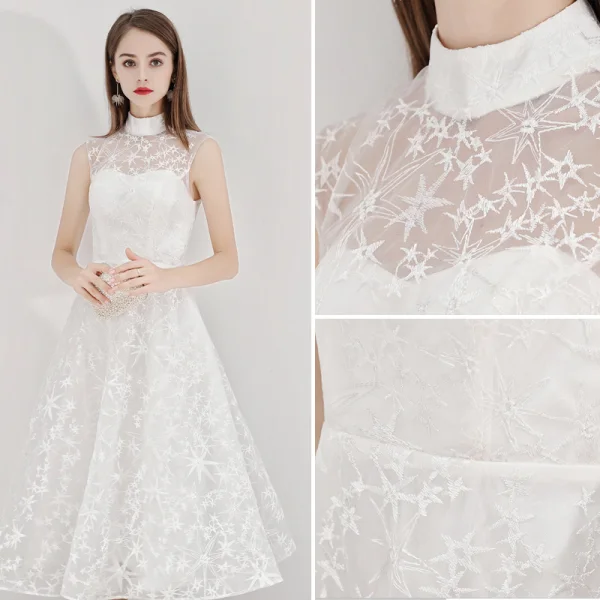 Abordable Ivoire de retour Robe De Graduation 2020 Princesse Col Haut Étoile En Dentelle Sans Manches Thé Longueur Robe De Ceremonie