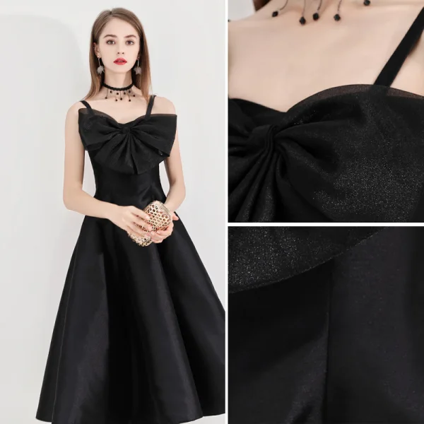 Simple Noire de retour Robe De Graduation 2020 Princesse Bretelles Spaghetti Noeud Sans Manches Dos Nu Thé Longueur Robe De Ceremonie