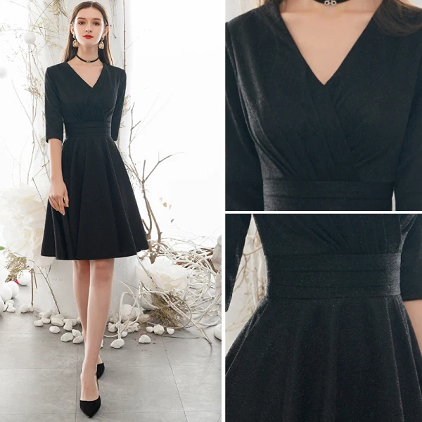 Vintage / Retro Modest / Simple Solid Color Black Homecoming Graduation Dresses 2020 A-Line / Princess V-Neck 1/2 Sleeves Knee-Length Formal Dresses