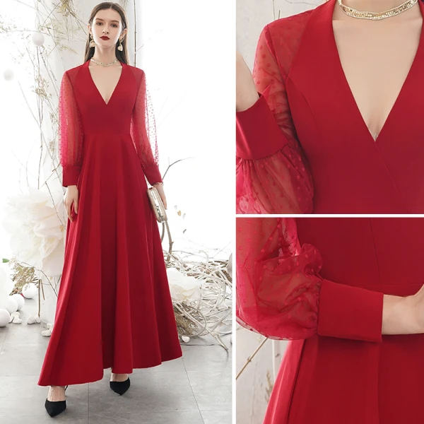 Modest / Simple Burgundy Evening Dresses 2020 A-Line / Princess Deep V-Neck Spotted Long Sleeve Floor-Length / Long Formal Dresses