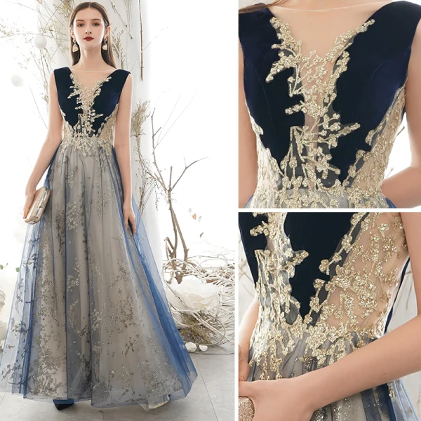 Elegant Navy Blue Prom Dresses 2020 A-Line / Princess Scoop Neck Glitter Sequins Lace Flower Sleeveless Backless Floor-Length / Long Formal Dresses