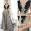 Elegant Navy Blue Prom Dresses 2020 A-Line / Princess Scoop Neck Glitter Sequins Lace Flower Sleeveless Backless Floor-Length / Long Formal Dresses