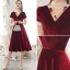 Classy Burgundy Homecoming Graduation Dresses 2020 A-Line / Princess Suede High Neck Beading Rhinestone Short Sleeve Backless Knee-Length Formal Dresses