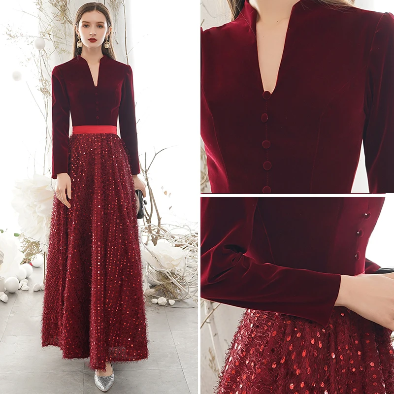 Elegant Burgundy Winter Evening Dresses 2020 A-Line / Princess V-Neck Sequins Tassel Long Sleeve Floor-Length / Long Formal Dresses