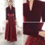 Elegant Burgundy Winter Evening Dresses  2020 A-Line / Princess V-Neck Sequins Tassel Long Sleeve Floor-Length / Long Formal Dresses