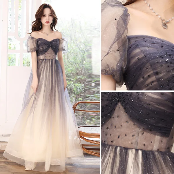 Chic / Beautiful Sky Blue Prom Dresses 2018 A-Line / Princess Appliques Scoop Neck 1/2 Sleeves Floor-Length / Long Formal Dresses