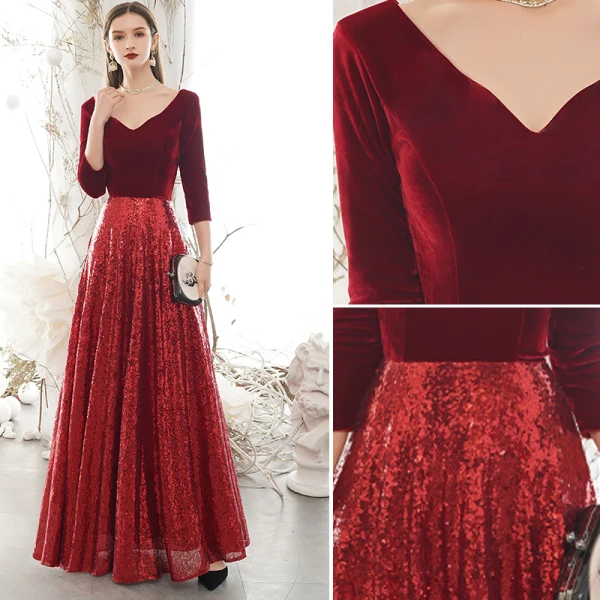 Sparkly Burgundy Winter Evening Dresses 2020 A-Line / Princess Suede V-Neck  Sequins 3/4 Sleeve