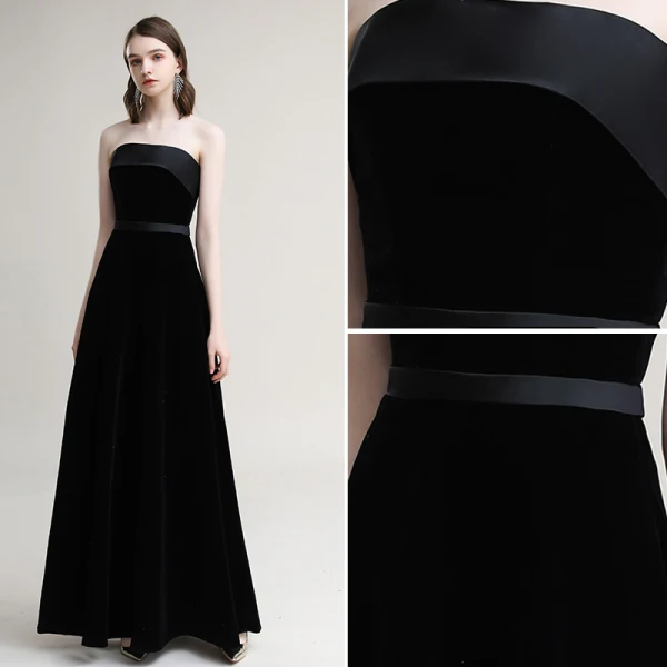 Modest / Simple Black Evening Dresses  2020 A-Line / Princess Suede Strapless Sleeveless Backless Floor-Length / Long Formal Dresses