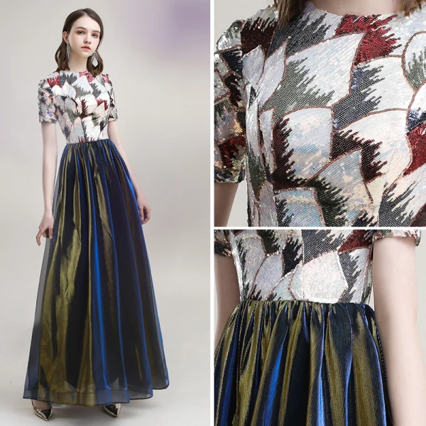 Elegante Bronze Königliches Blau Abendkleider 2020 A Linie Rundhalsausschnitt Pailletten Kurze Ärmel Lange Festliche Kleider