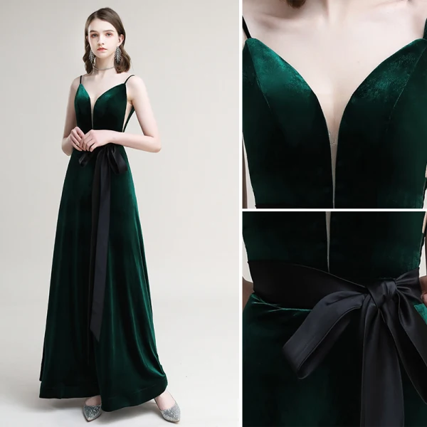 Elegant Dark Green Suede Evening Dresses  2020 A-Line / Princess Spaghetti Straps Bow Sleeveless Backless Floor-Length / Long Formal Dresses