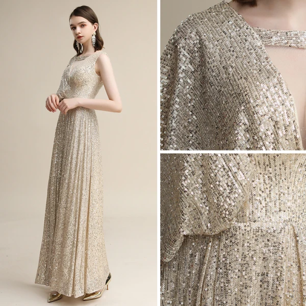 Scintillantes Champagne Paillettes Robe De Soirée 2020 Princesse V-Cou Manches Courtes Dos Nu Longue Robe De Ceremonie