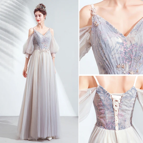 Charming Grey Prom Dresses 2020 A-Line / Princess V-Neck Beading Sequins Lace Flower Short Sleeve Backless Floor-Length / Long Formal Dresses