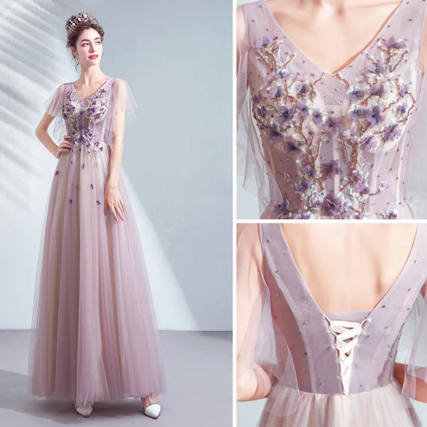 Chic / Belle Violet Robe De Bal 2020 Princesse V-Cou Appliques En Dentelle Fleur Perlage Cristal Manches Courtes Dos Nu Longue Robe De Ceremonie