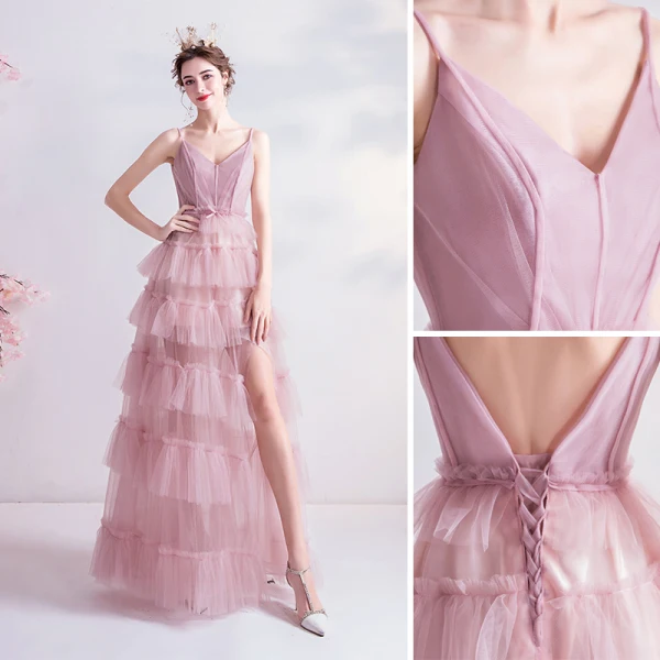 Chic / Belle Nues Robe De Soirée 2020 Princesse Bretelles Spaghetti Noeud Sans Manches Dos Nu Volants en Cascade Fendue devant Longue Robe De Ceremonie
