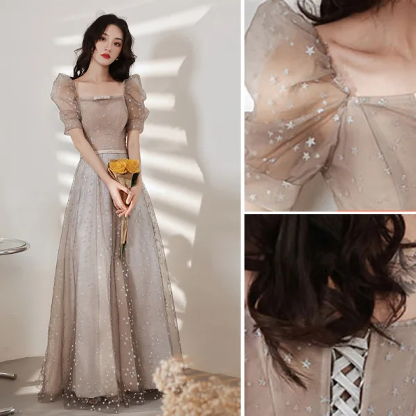 Elegant Grey Lace Star Bridesmaid Dresses 2021 A-Line / Princess Square Neckline Bow Short Sleeve Backless Floor-Length / Long Bridesmaid Wedding Party Dresses