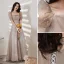 Elegant Grey Lace Star Bridesmaid Dresses 2021 A-Line / Princess Square Neckline Bow Short Sleeve Backless Floor-Length / Long Bridesmaid Wedding Party Dresses
